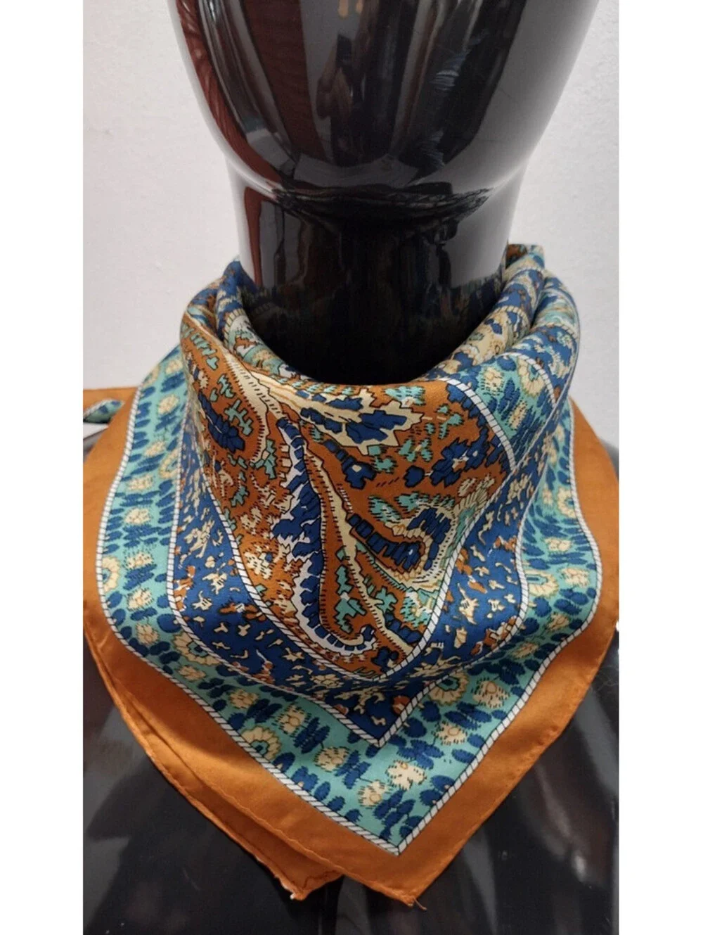 Vintage 60s 1970s Boho Scarf Wild Paisley Brown Blue Silk Blend 21 x 21 about
